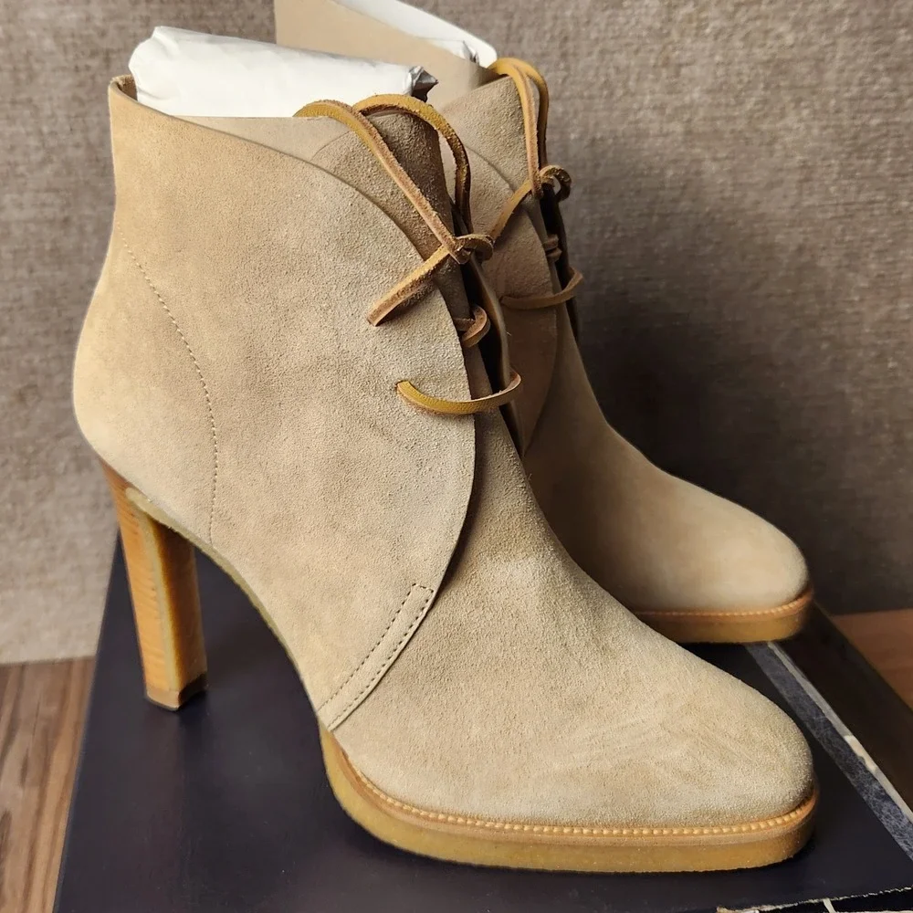 Ralph Lauren Ankle Boots Womens 8 Tan Suede Lace Up High Heel Chukka Booties